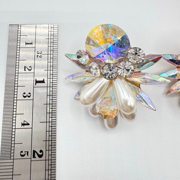 Vintage Rhinestone Earrings AB Rivoli Navettes Runway Ballroom Faux Pearls Bling - Picture 14 of 17